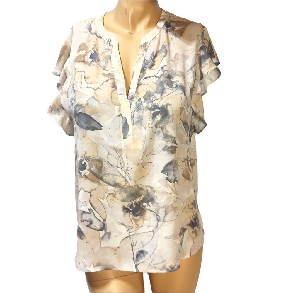 Calvin Klein Blouse Split Neck Abstract Print Size L Flutter Sleeve NWT